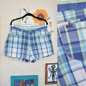 90s blue green white check plaid mid rise denim shorts (32”)